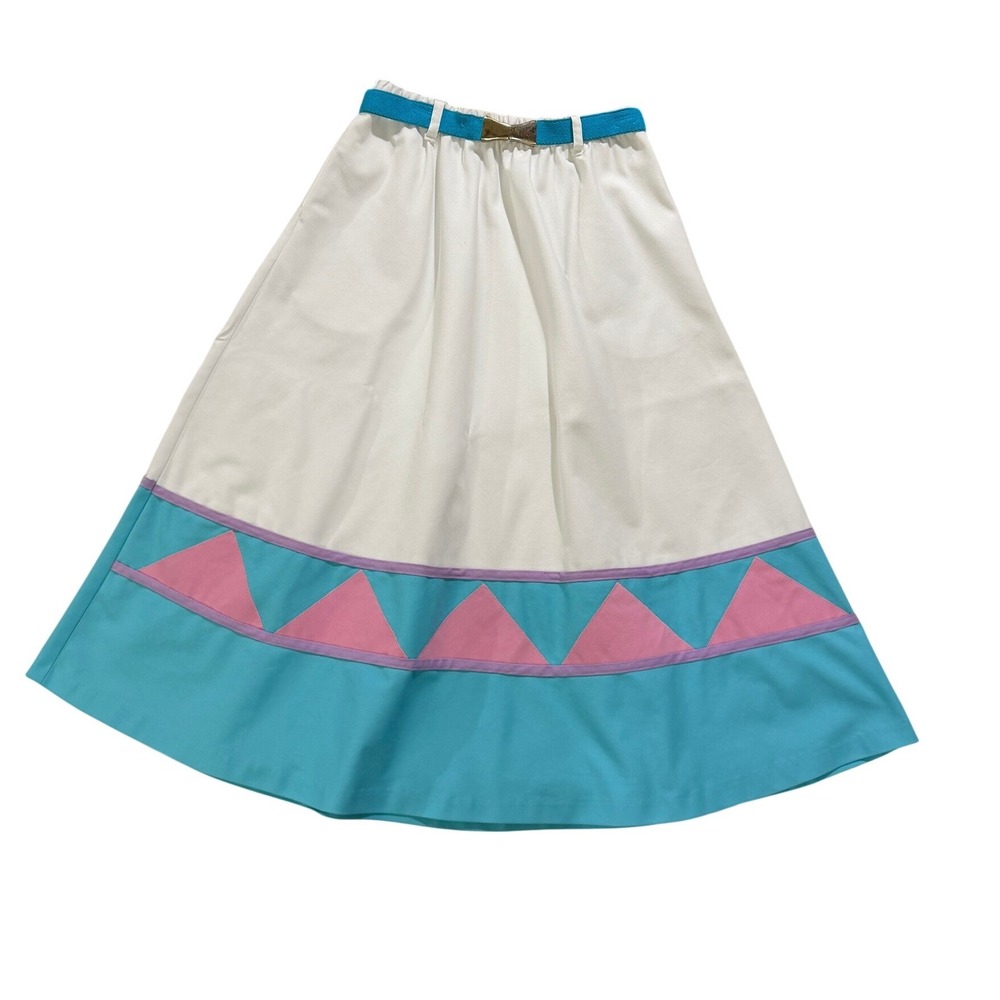 Vintage David Smith Color Block A-Line Midi Skirt White Blue Pink Size 10